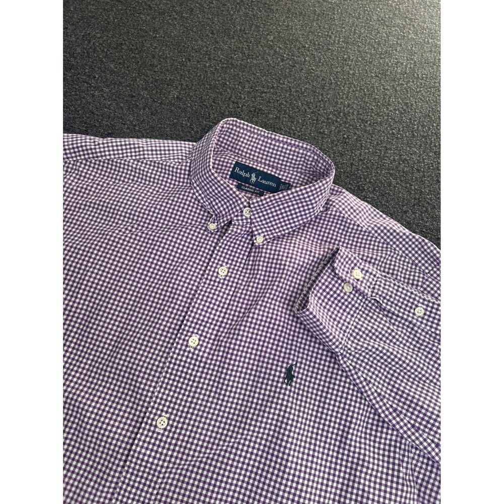 Polo Ralph Lauren Button Down Shirt Gingham Check Purple Mens 17.5 34/35 Classic